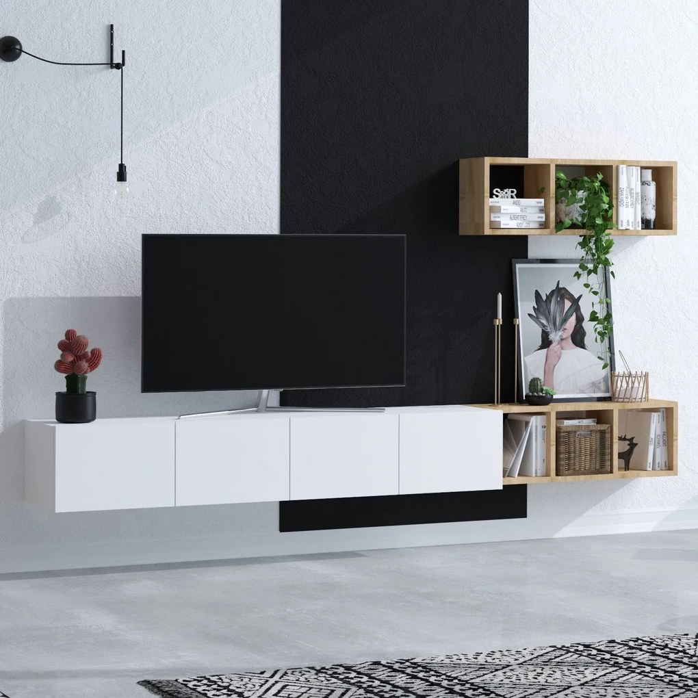 TV asztal/szekrény Panda 2 (fehér + tölgy). Akció -19%. 1073377