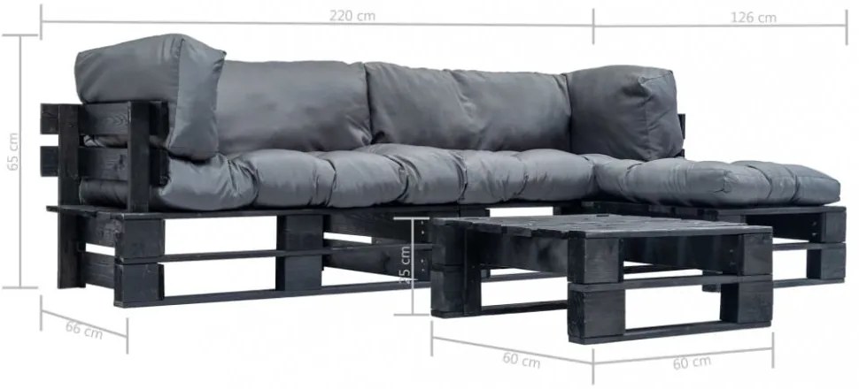 4 részes fsc fa kerti raklap-ülőgarnitúra szürke párnákkal