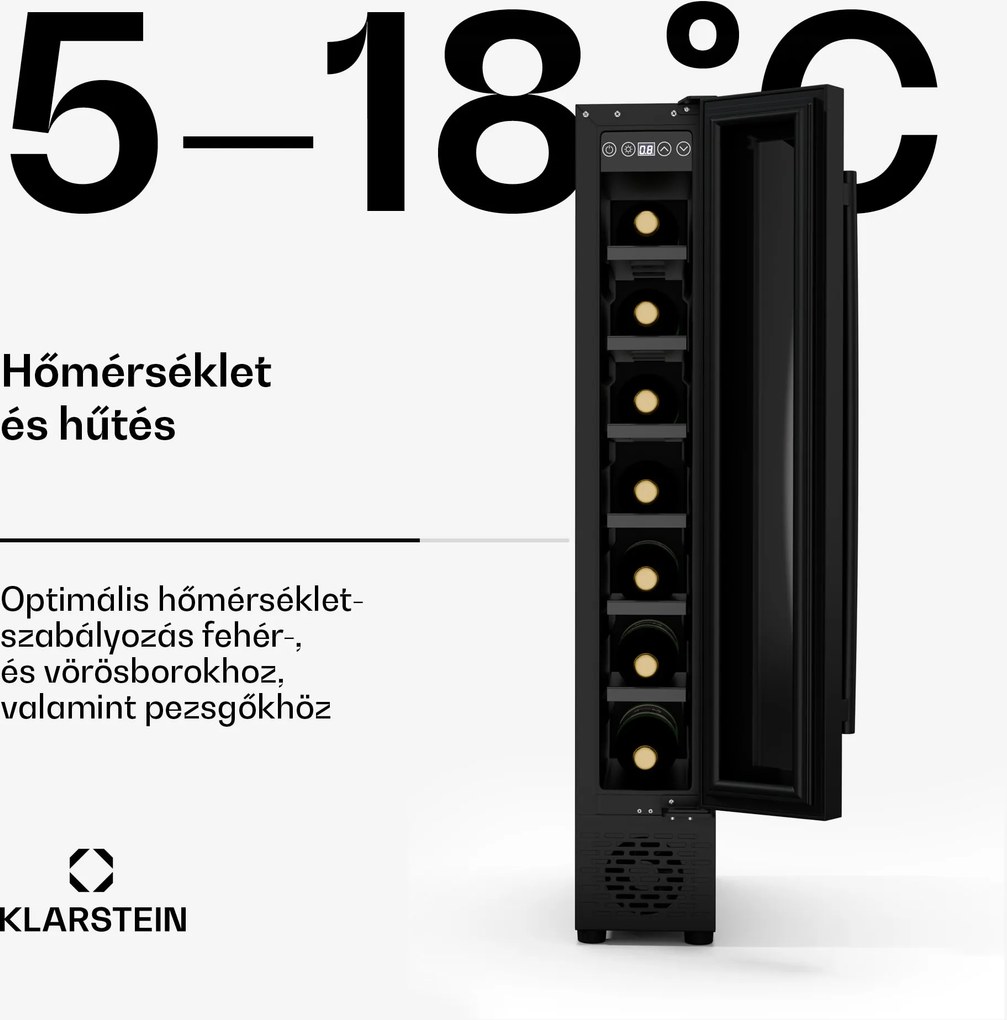 Klarstein Vinovilla 7 Uno borhűtő, 1 hűtési zóna, 7 palack, fa polcok, 5-18 °C