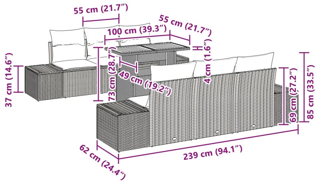 Kert Kanapé Szett 8 darab Szürke Rattan, Üveg, Fa, Fém
