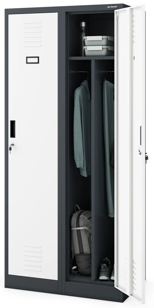 Pléh öltözőszekrény talpazaton, kétmodulos, polccal és köztes fallal KACPER, 800 x 1800 x 500 mm, antracit-fehér