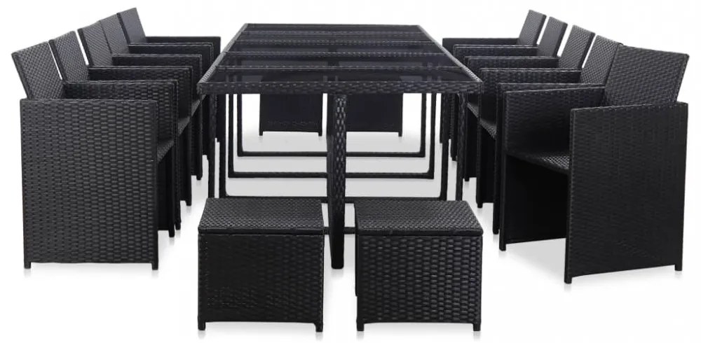 15 részes fekete polyrattan kültéri étkezőszett párnákkal