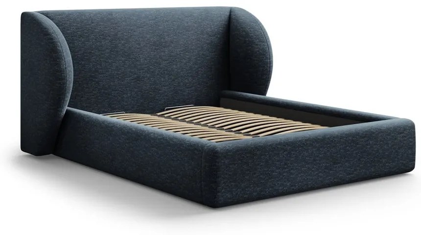 Sötétkék kárpitozott ágyneműtartós franciaágy ágyráccsal 180x200 cm Miley – Micadoni