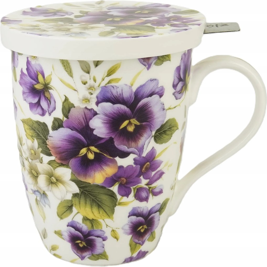 Porcelán teásbögre fedél szűrő virág árvácska lila 450 ml