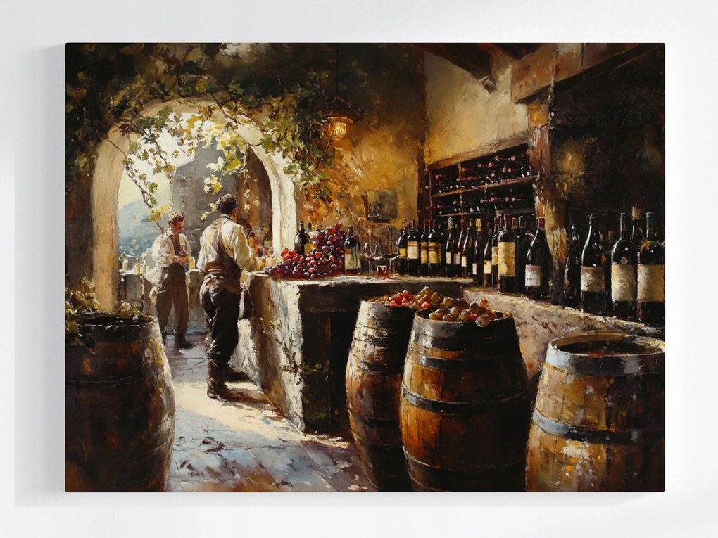 Vászonkép Canvas Szőlő Pince Hordók Palackok Bor Gyümölcs 100x75