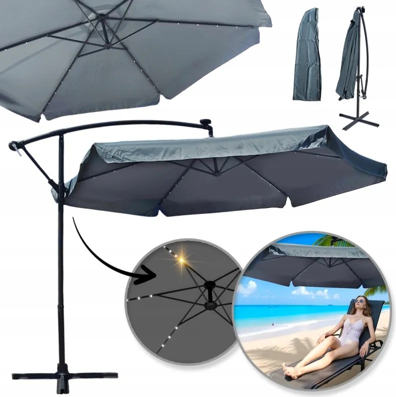 Kerti napernyő Solar Led világítással, gém és fodrok, grafit