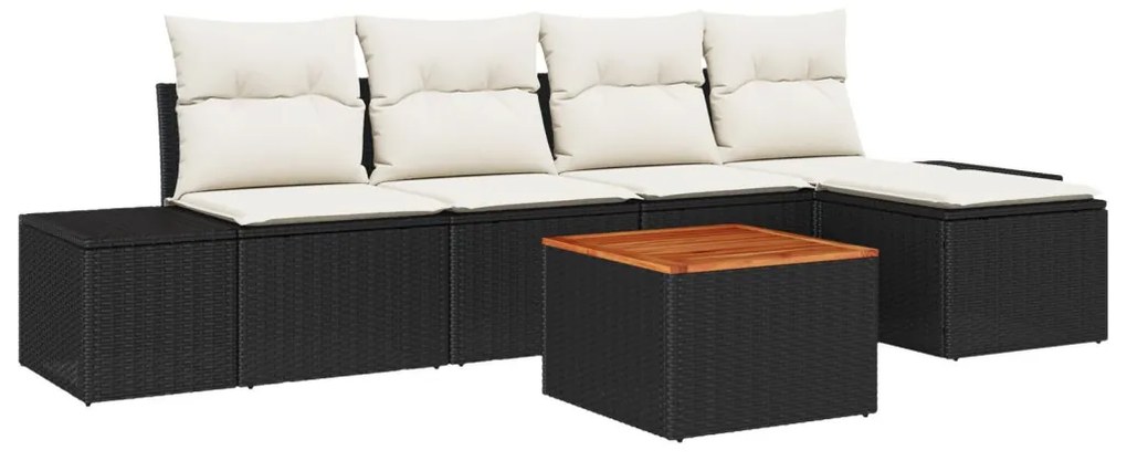 6 Részes Kerti Sofa Szett Párnákkal Fekete Poli Rattan Akácia