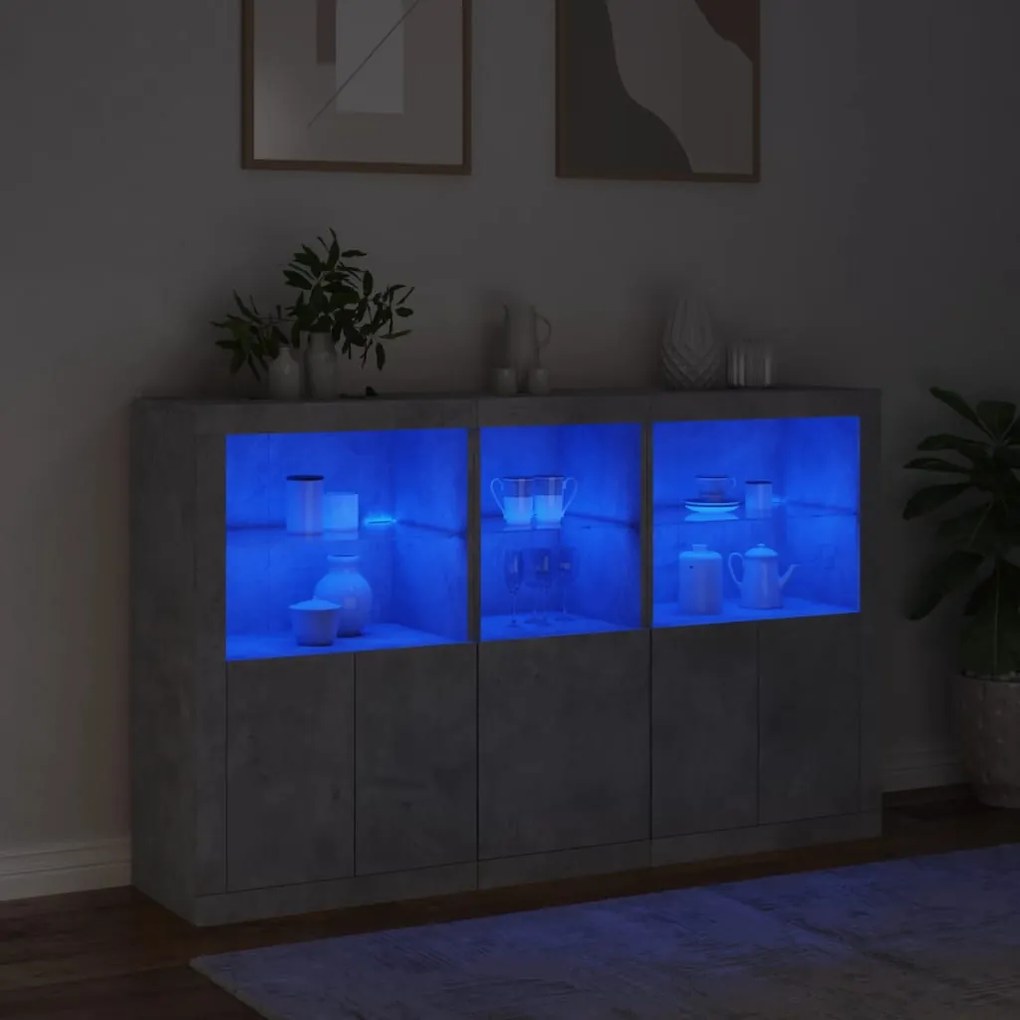 betonszürke tálalószekrény LED-világítással 162 x 37 x 100 cm