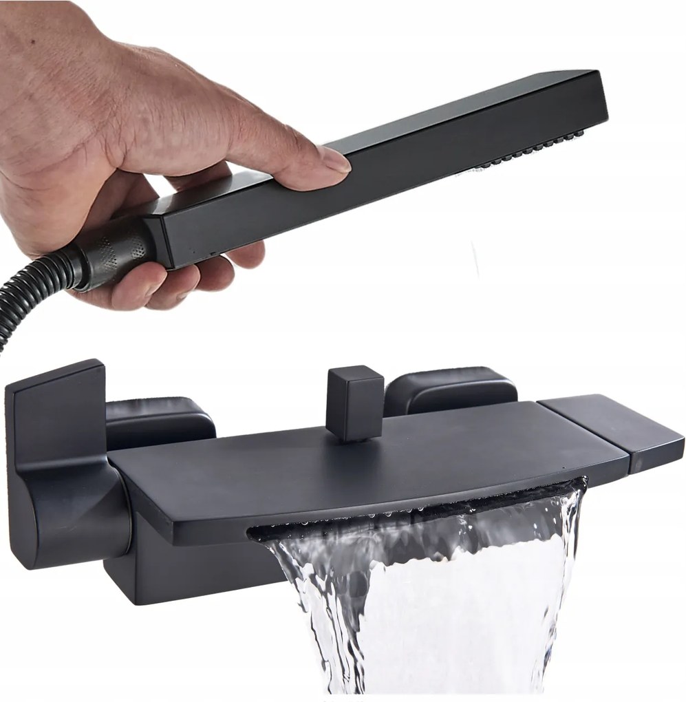 Fali Kád-Zuhany Csaptelep Polccal, Vízesés Funkcióval, Fekete Ari