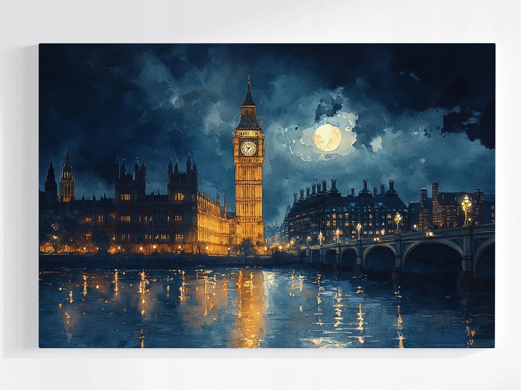 Poszter Város London Temze Big Ben Éjszaka Hold 120x80