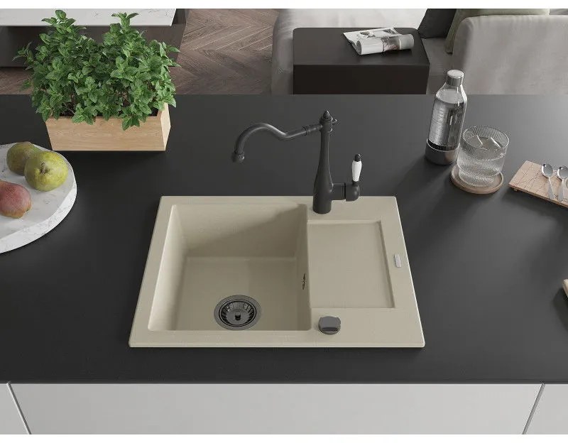 Mexen Enzo, gránit mosogató 576x465x174 mm, 1 kamrás és mosogató csaptelep Carla, bézs, 6506-69-670700-70