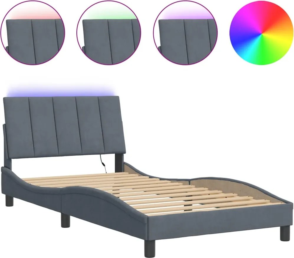 vidaXL sötétszürke bársony ágykeret LED-ekkel matrac nélkül Hanko 100 x 203 cm
