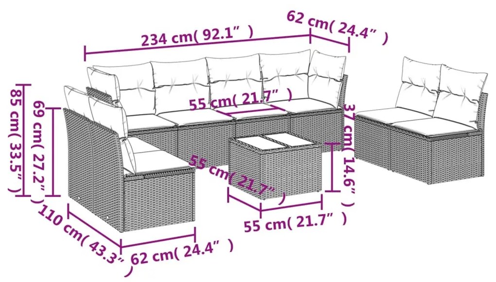 9 részes fekete polyrattan kerti ülőgarnitúra párnákkal