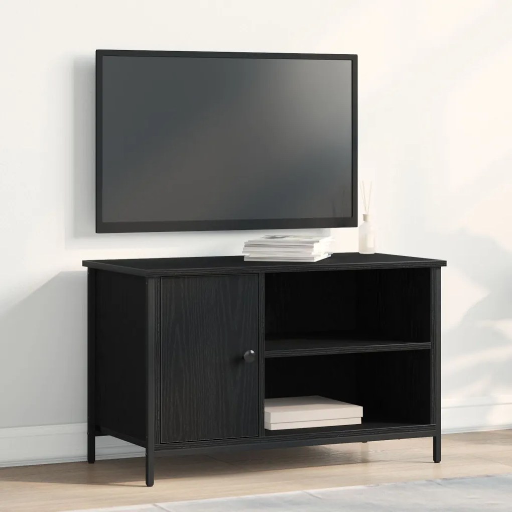 TV Szekrény Fekete Tölgy 80x40x50 cm Mérnöki Fa és Acél