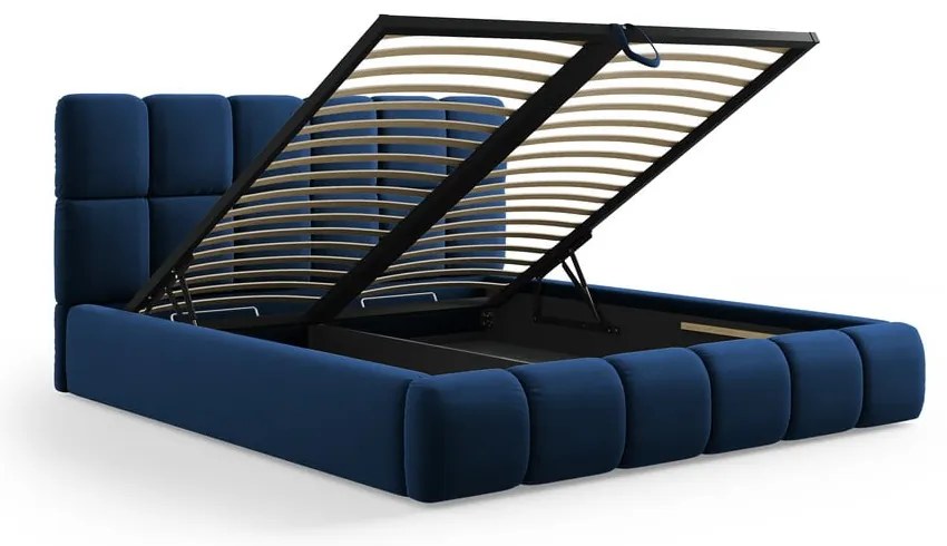 Sötétkék bársony kárpitozott ágyneműtartós franciaágy ágyráccsal 140x200 cm Bellis – Micadoni