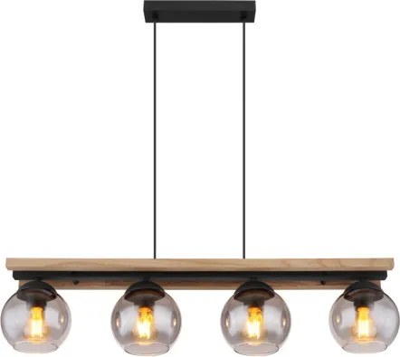 Globo 15569-4HW Függeszték fém fekete matt, fa sötétbarna, üveg füstszínű, kábel PVC fekete, magassága állítható, HxSzxM: 850x150x1200mm, 4x E27 25W 230V izzók nélkül