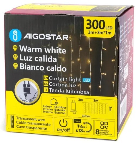 Aigostar - LED kültéri karácsonyi fényfüzér 300xLED/6W/230V/8 üzemmód 3x1m IP44 meleg fehér+távirányító