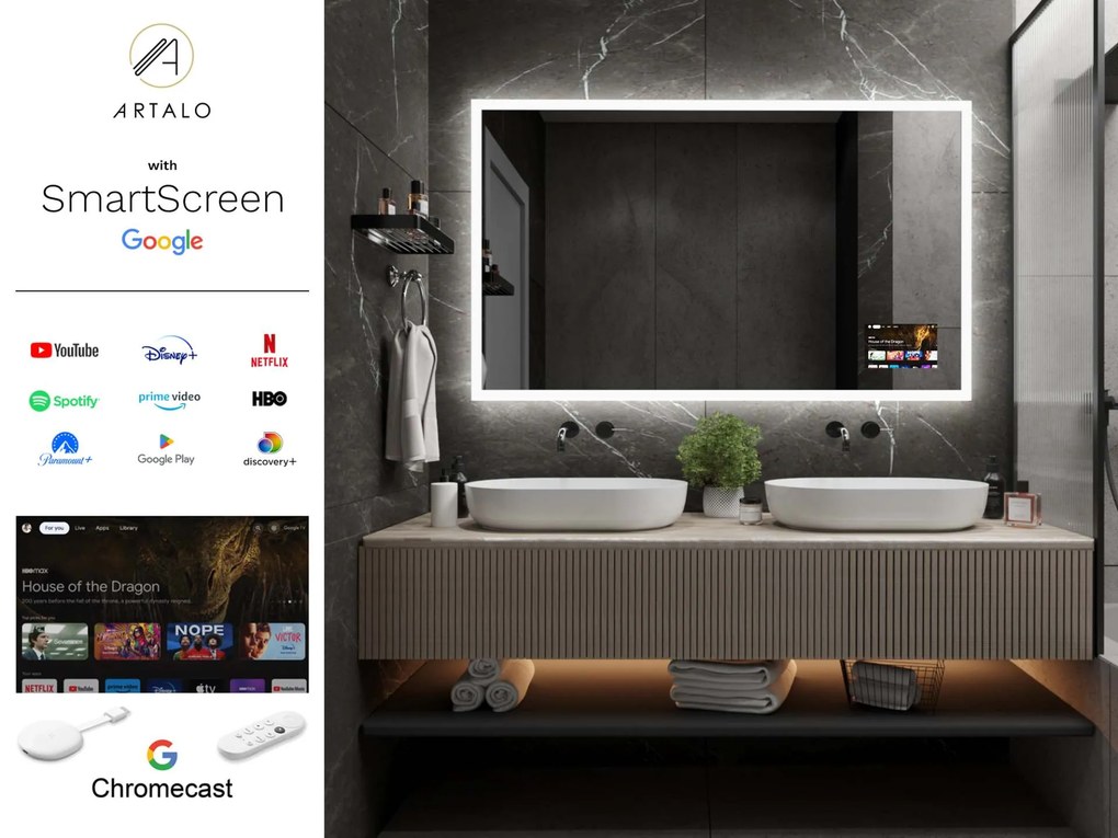 SMART tükör LED világítással M1 + SmartScreen with Google Chromecast
