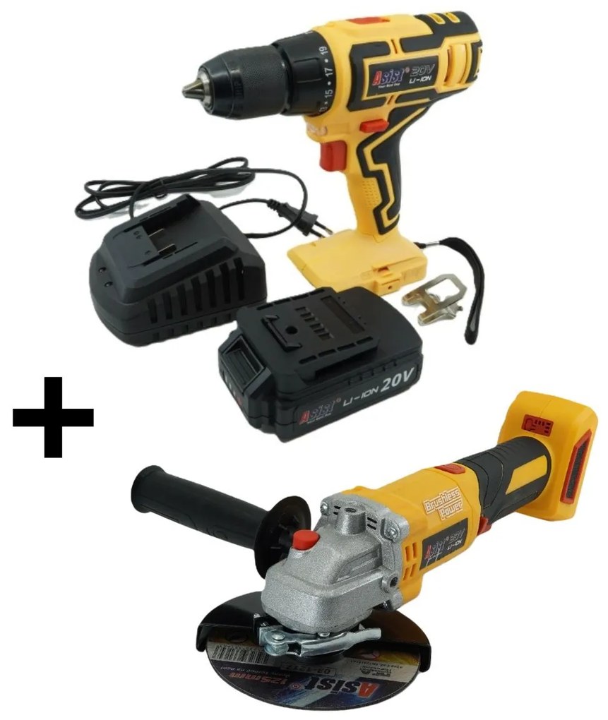 ASIST Akkus fúrógép 20V 2,0Ah tokban 125mm-es sarokcsiszolóval BRUSHLESS BRUSHLESS