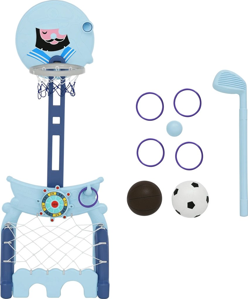 HOMCOM 4 az 1-ben Kosárlabda Gyűrű Állvánnyal Golf Labda Foci Labda Magasságban Állítható Tevékenységi Központ 3+ Év 58x56x154 cm Kék | Aosom