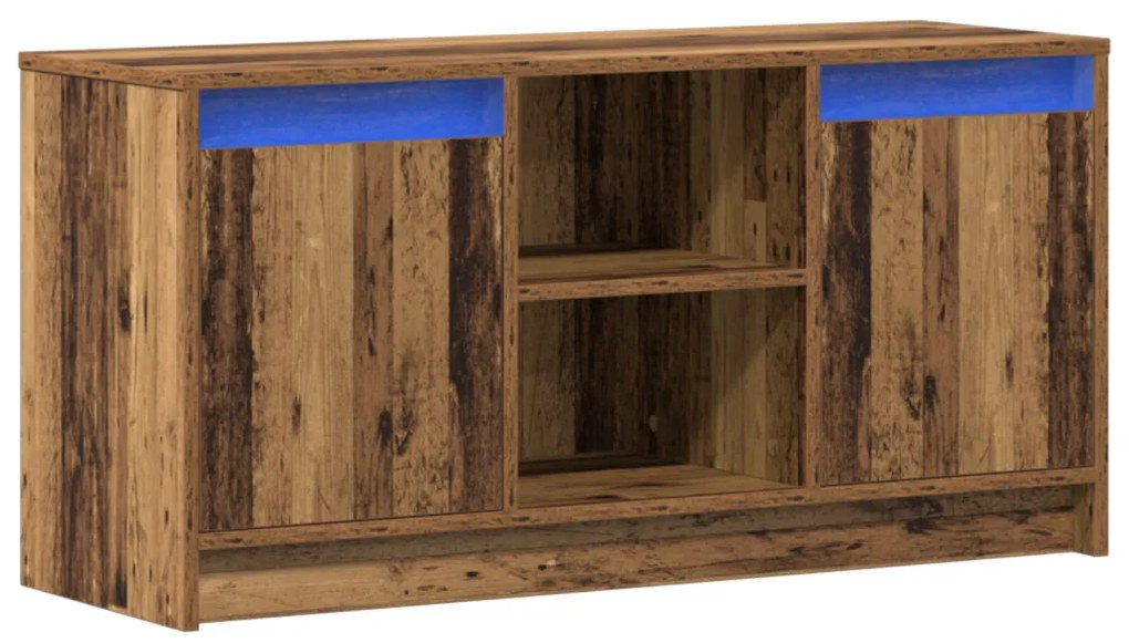 TV Szekrény LED Fényekkel - Régi Fa, 100x34x50 cm-es Műanyag Állványon.