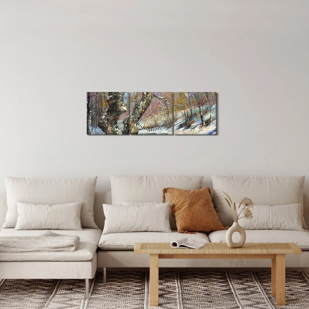 Egy festett téli táj képe (órával) (90x30 cm)
