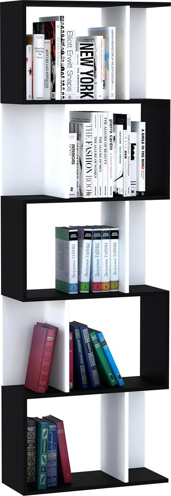 HOMCOM 5-Szintes S-Alakú Fa Könyvespolc Modern Dizájn a Nappaliba és Irodába 60x24x184,5 cm Fekete és Fehér | Aosom
