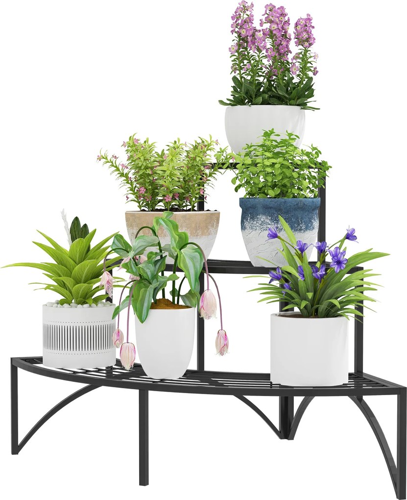 Outsunny 3-szintes Virágtartó, Virágtartó Belső és Külső Használatra, Fém Virágláda, Több-szintes Virágtartó, 60 cm magas Virág Lépcső a Nappalihoz, K