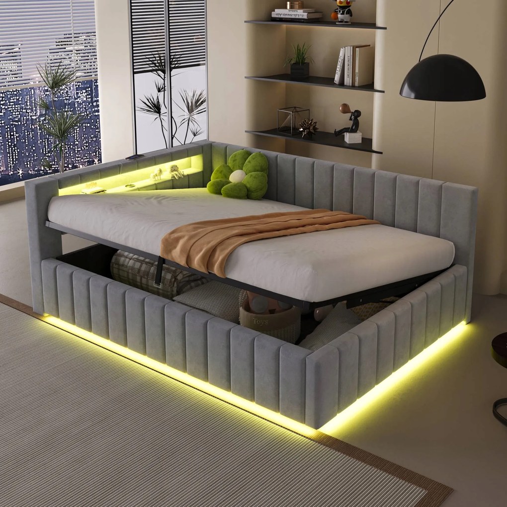 Kárpitozott ágy Összecsukható kanapé 140x200 Hidraulikus Usb Led Világosszürke