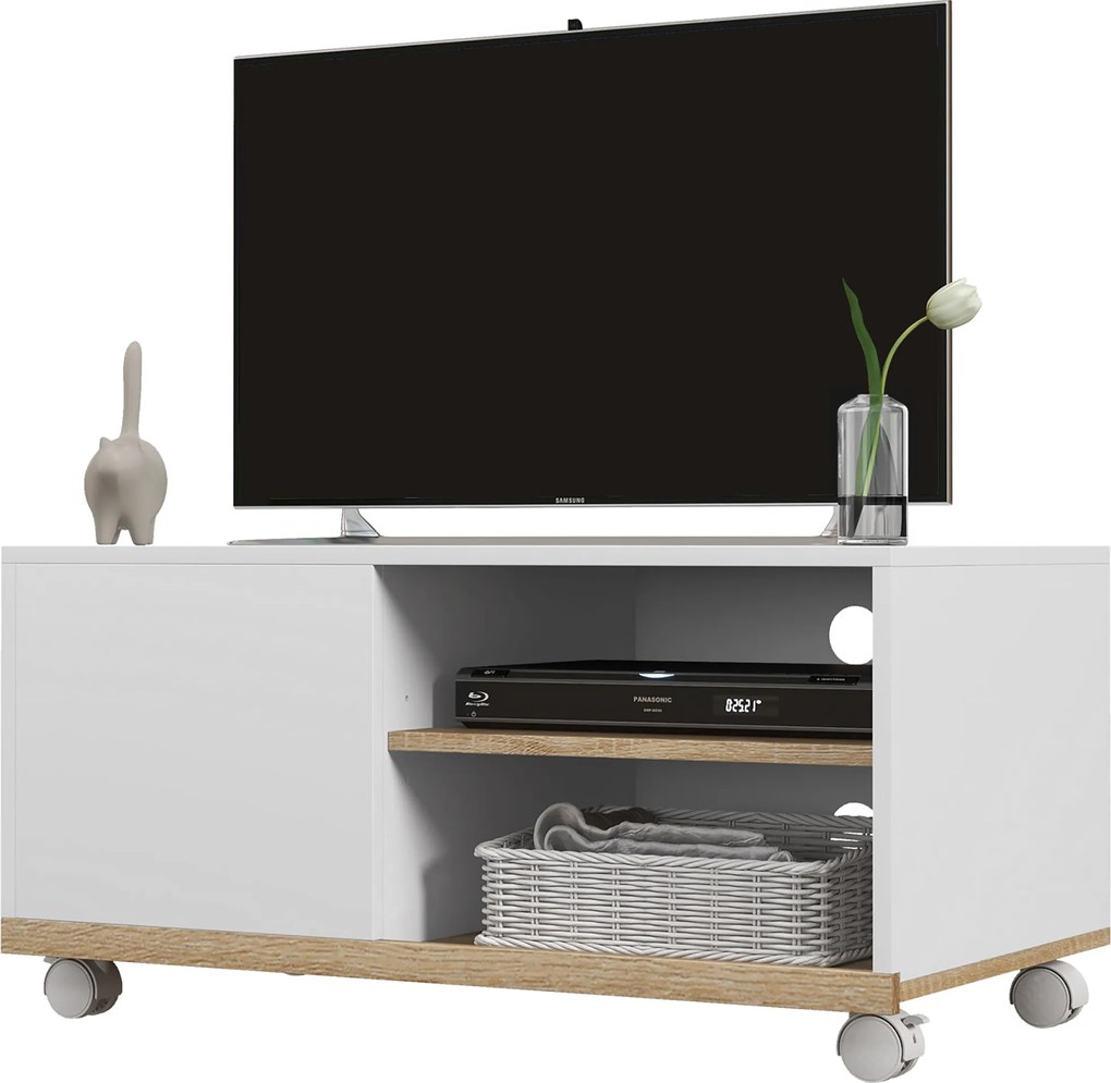 HOMCOM Modern TV Állvány Kerekekkel 42 Hüvelykes Televíziókhoz, 1 Ajtós és 2 Polcos Tárolóval, 80x45x39,5 cm Fehér | Aosom