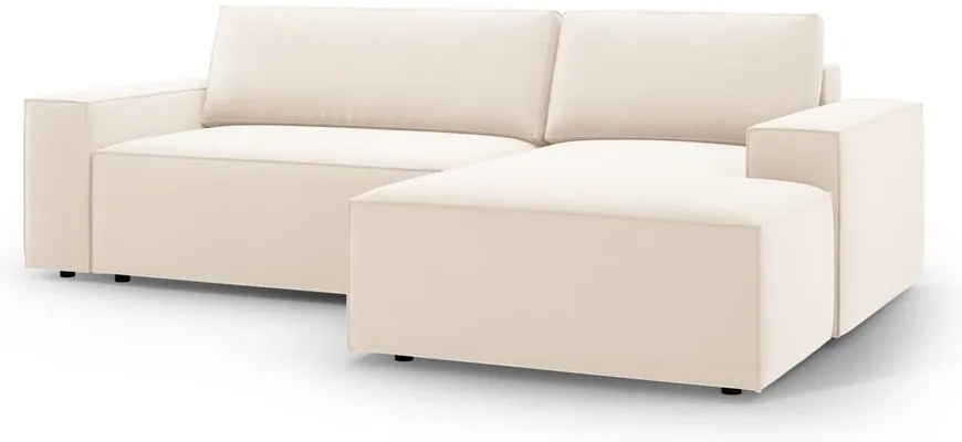 Bézs bársony kinyitható-tárolóhelyes sarokkanapé (jobb oldali-heverő résszel) Jodie – Micadoni