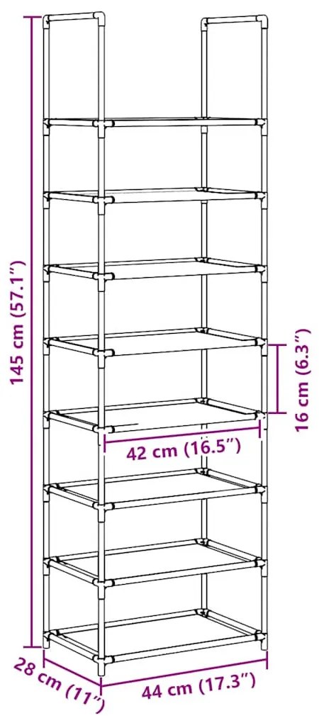 fekete nem szőtt szövetből cipőállvány 8 szintes 44x28x145 cm
