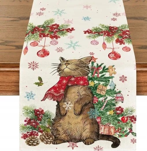 Karácsonyi Asztalterítő Abrosz Karácsonyi Cica Karácsonyfa Bombák 40x140