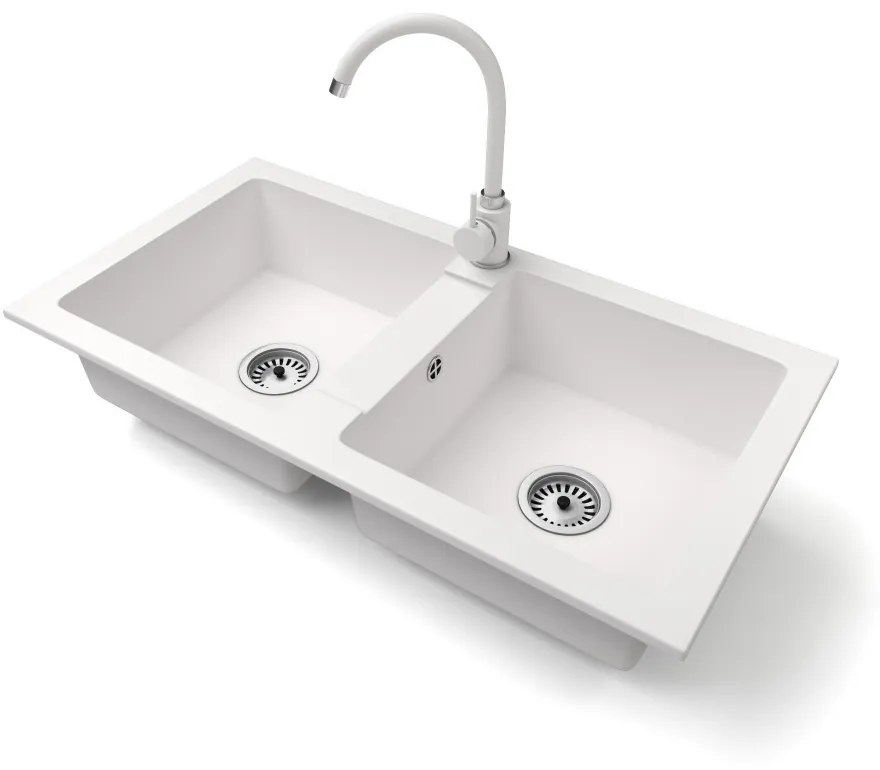 Gránit mosogató NERO Lybra + magasított csaptelep + szifon (fehér)