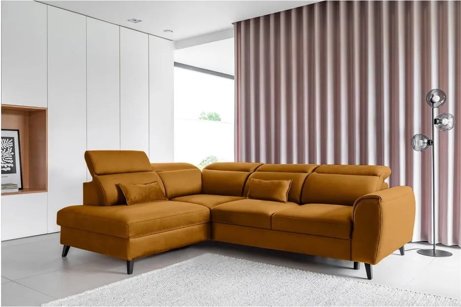 Sárga bársony kinyitható-tárolóhelyes sarokkanapé (bal oldali-L alakú) Noble – ELTAP