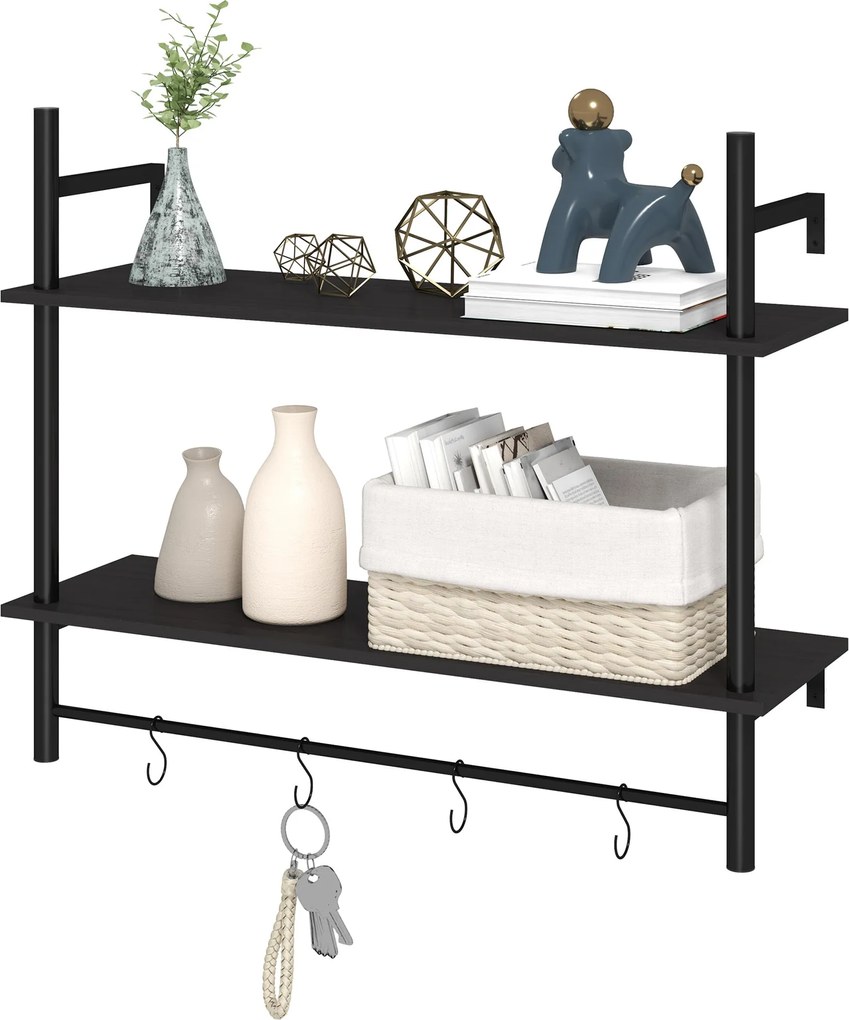 HOMCOM 2-Szintes Fali Polc 4 Kampóval, 2 Polccal és Acél Váz a Bejárathoz, Nappaliba, Hálószobába 80x24x65 cm Fekete | Aosom
