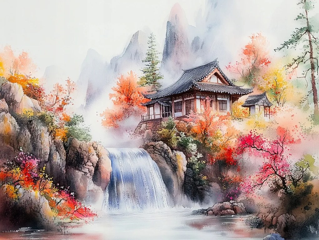 Vászonkép Canvas Tájkép Kelet Ázsia Japán Hegyek Vízesés Ház 100x75