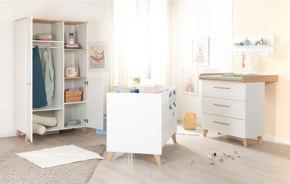 Fehér gyerek komód pelenkázó feltéttel, tölgyfa dekorral 88,5x99x76 cm Léon – Roba