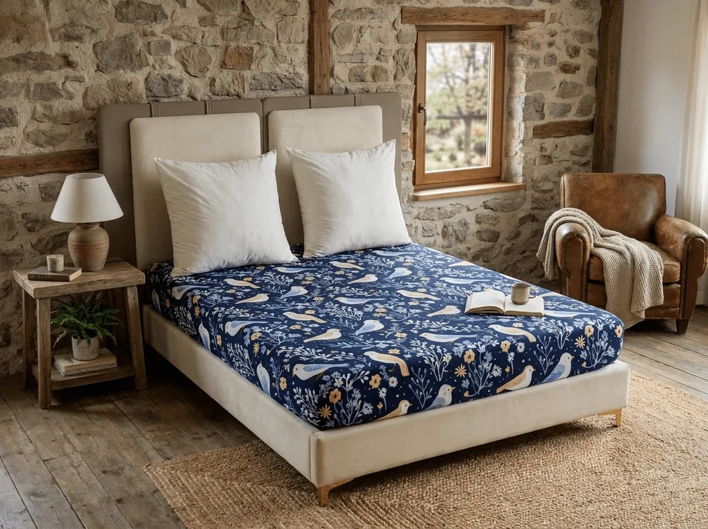 Mikroszálas lepedő DENIM BIRDS kék 180x200 cm