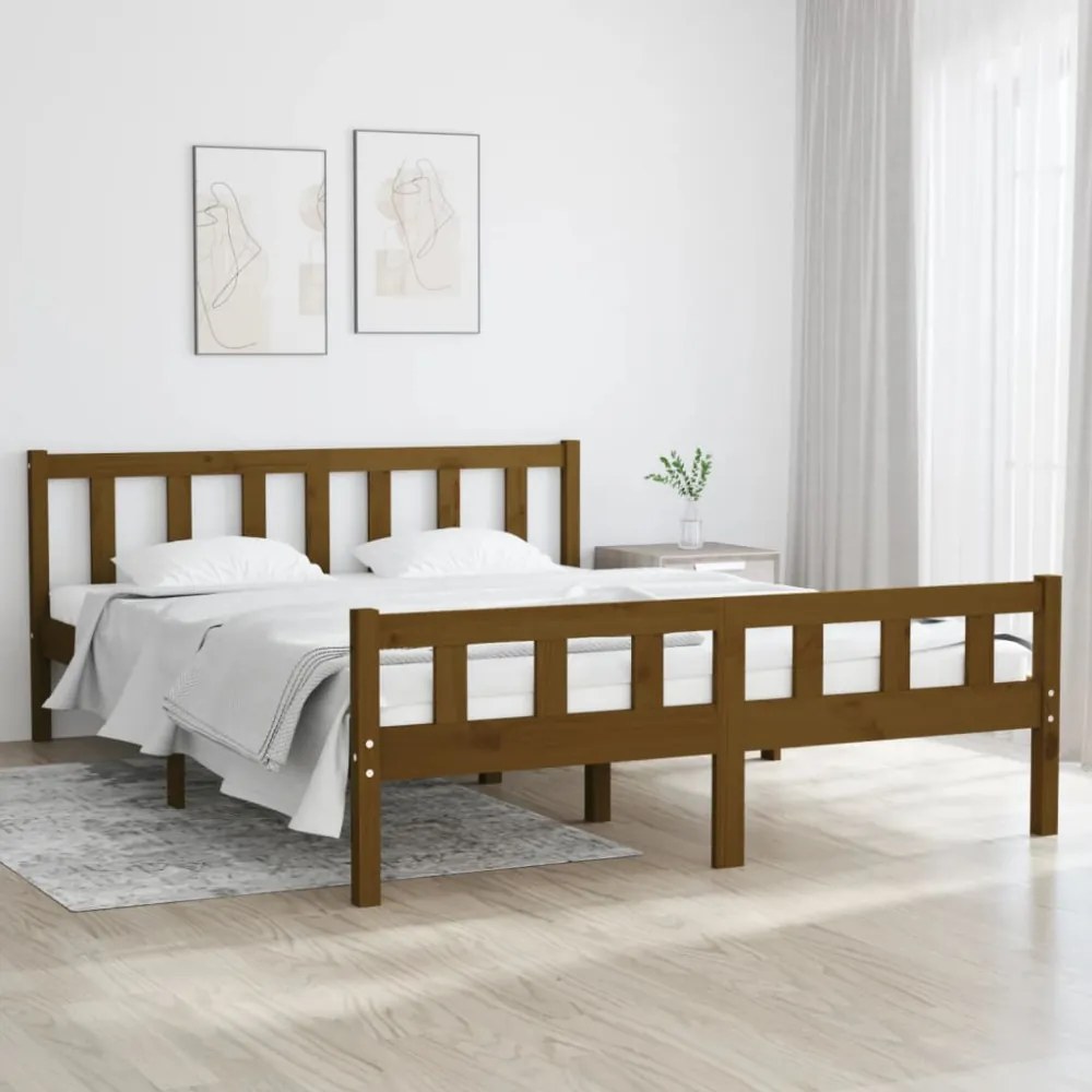King Size mézbarna tömör fa ágykeret 150 x 200 cm