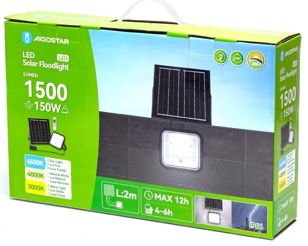 Aigostar - LED állítható fényerejű napelemes reflektor 150W, 3,4V, IP66 + DO