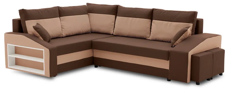 Grande sarokkanapé polcokkal és puffokkal , polc a bal karfaban puffok a jobb karfaban, baloldali, szövet anyag, hab töltet, barna