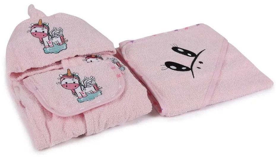 Rózsaszín pamut gyerek fürdőköpeny és fürdőlepedő szett 3 db-os 0-2 év Unicorn – Foutastic