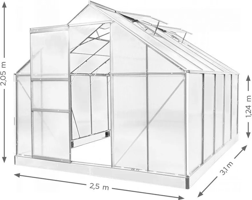 Polikarbonát üvegház 250 x 310 x 124/205 cm