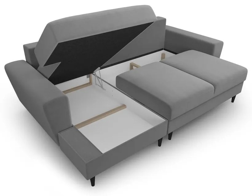 Világosszürke bársony kinyitható tárolóhelyes sarokkanapé (bal oldali-heverő résszel) Kyoto – Cosmopolitan Design