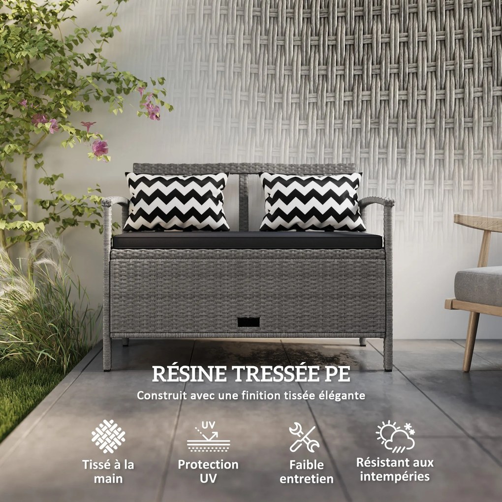 Outsunny Kerti 2 Személyes Pad, 160L PE Rattan Tároló Pad, Párnával, 2 Párnával, Acél Váz, 112 cm, Szürke | Aosom
