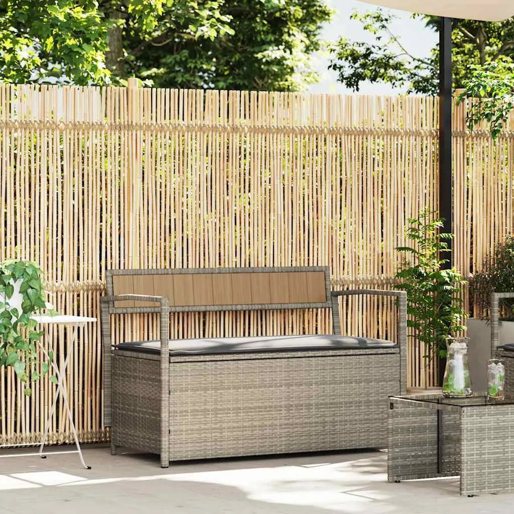 világosszürke polyrattan kerti tárolópad párnával