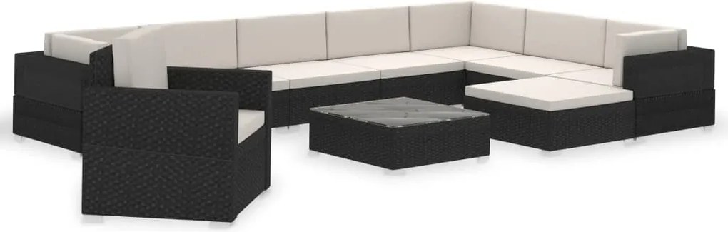 vidaXL 12-részes fekete polyrattan kerti bútorszett párnákkal
