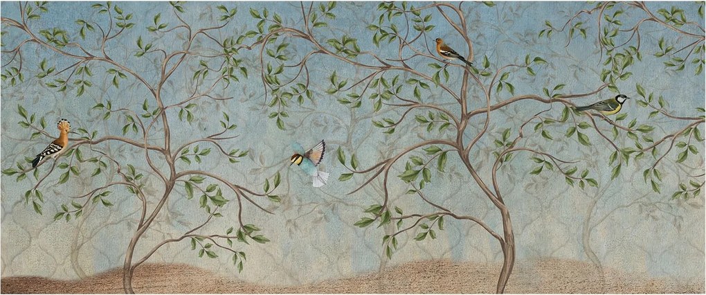 Flizelin tapéta Fali furnér 3D hatás Madarak a fákon 250x104 Ragasztó