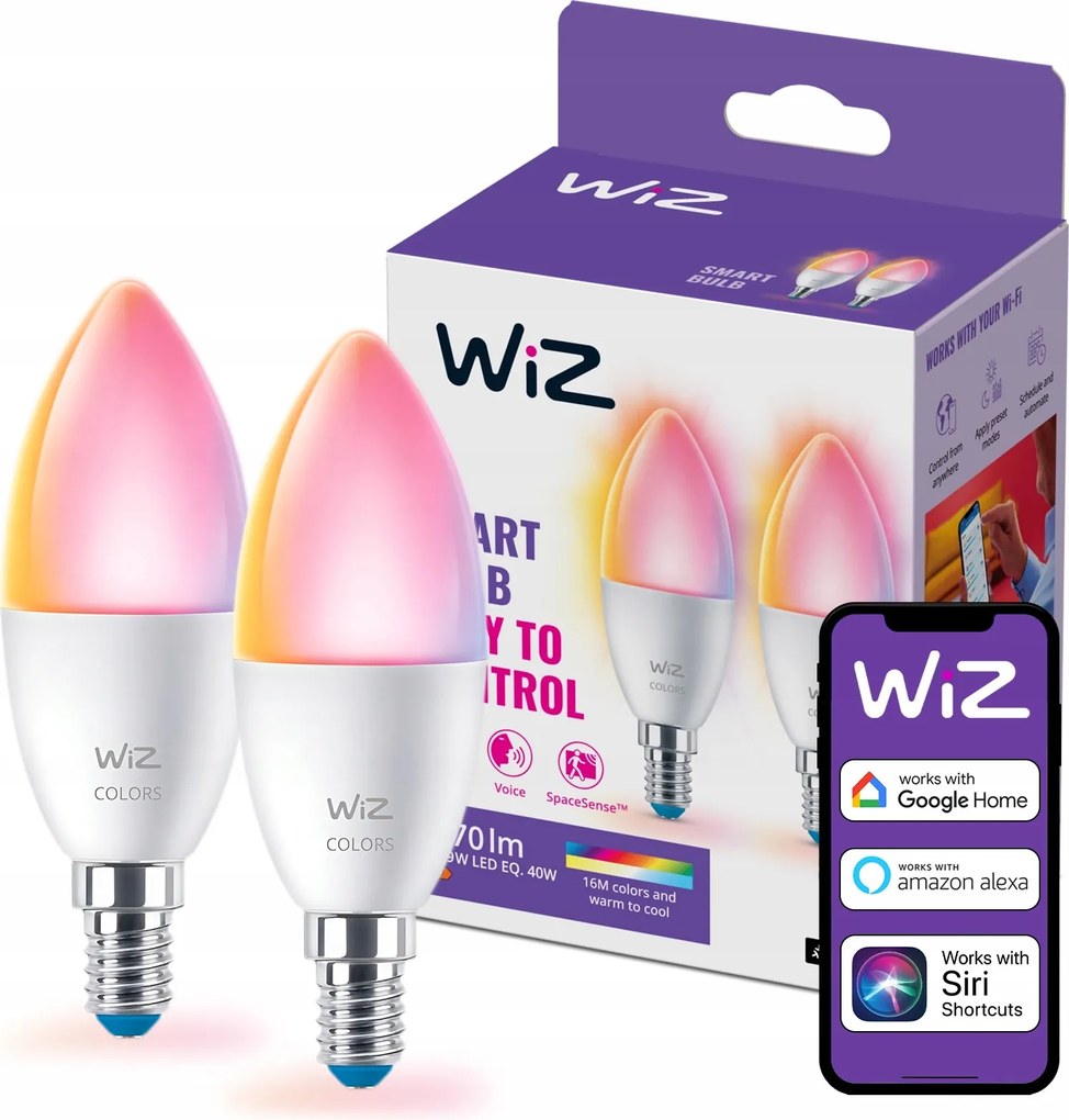 2x Led izzó E14 Gyertya 4,9W 40W 2200-6500K Rgb Smart WiFi WiZ alkalmazás